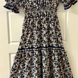 Floral Smocked Navy Kids Dress with Ruffle Sleeves